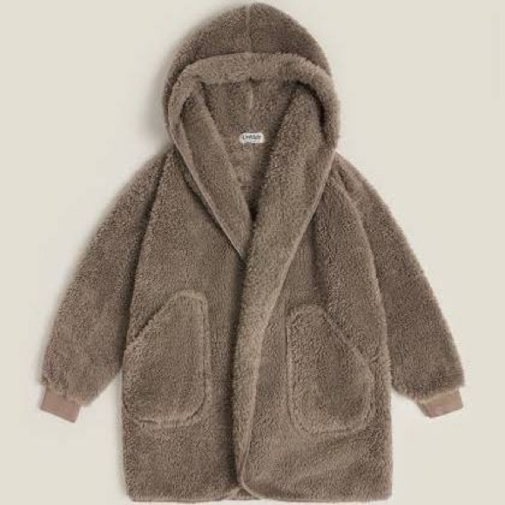 UNHIDE Shleepy Lounge Cardigan Hoodie faux Sherpa Sz Small Color: Taupe